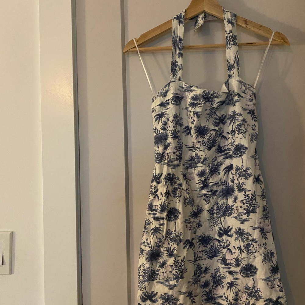 Blue and White Linen Halter Dress